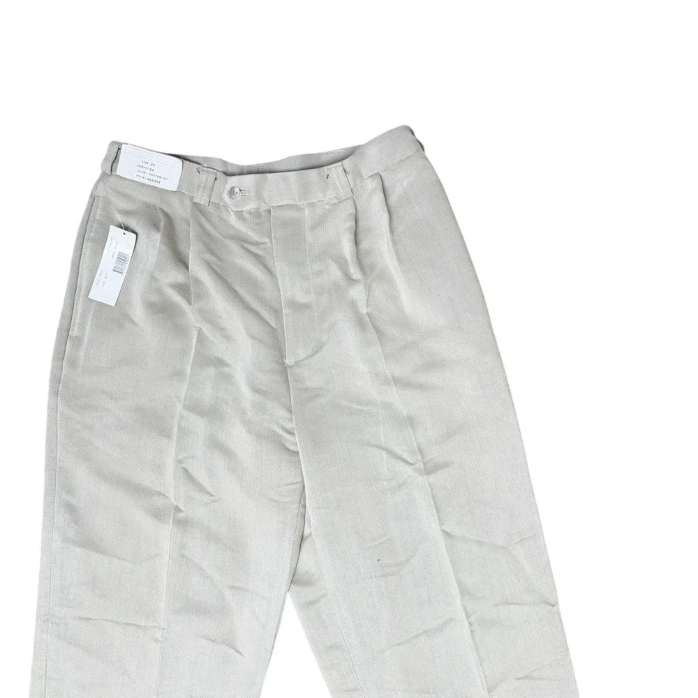 New Perry Ellis Dress Pants Mens 32 x 34 Stone Natural Gray Pleated Cuffed